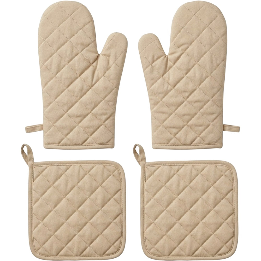 Brivos Cotton Oven Mitt and Pot Holder Set 4-Piece Beige