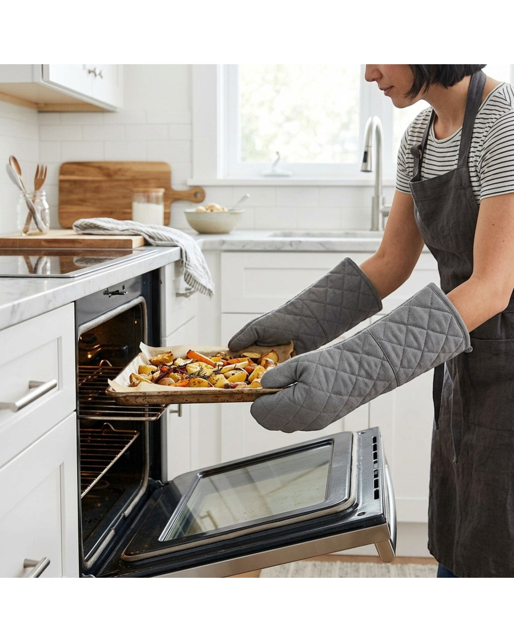 Brivos Extra Long Oven Mitts Silicone Cotton 15 in Gray